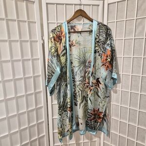 Vintage 3/4 Sleeve Silk Blend Burnout Kimono Jacket Turquoise Sz S M